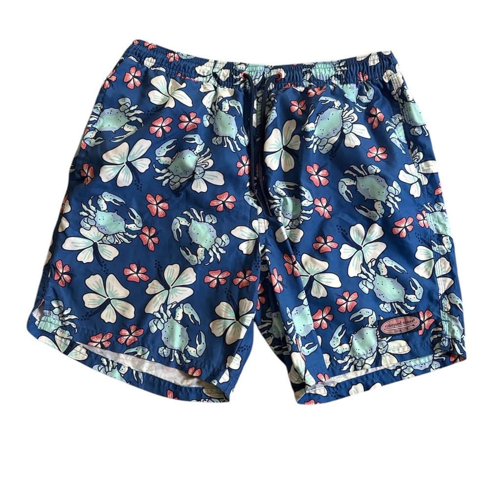 Vineyard Vines Blue and Green Swim Trunks Floral Pattern